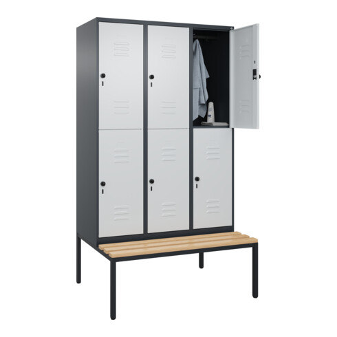 C+P Doppelstock-Spind Classic PLUS, Bank, 3 Abteile, 2120x1200x815mm, 7016/7035 Verschluss Sicherheits-Drehriegel Sitzbanktyp untergebaut Material Sitzfläche Buche-Hartholz