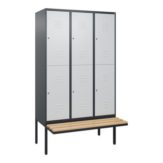 C+P Doppelstock-Spind Classic PLUS, Bank, 3 Abteile, 2120x1200x815mm, 7016/7035 Verschluss Zylinderschloss Sitzbanktyp auskragend Material Sitzfläche Buche-Hartholz