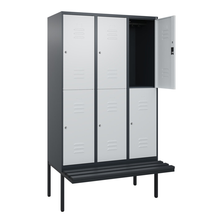 C+P Doppelstock-Spind Classic PLUS, Bank, 3 Abteile, 2120x1200x815mm, 7016/7035 Verschluss Zylinderschloss Sitzbanktyp auskragend Material Sitzfläche Kunststoff