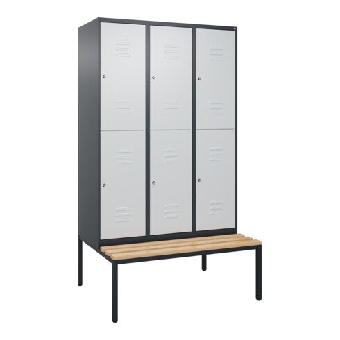C+P Doppelstock-Spind Classic PLUS, Bank, 3 Abteile, 2120x1200x815mm, 7016/7035 Verschluss Zylinderschloss Sitzbanktyp untergebaut Material Sitzfläche Buche-Hartholz