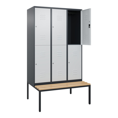 C+P Doppelstock-Spind Classic PLUS, Bank, 3 Abteile, 2120x1200x815mm, 7016/7035 Verschluss Zylinderschloss Sitzbanktyp untergebaut Material Sitzfläche Buche-Hartholz