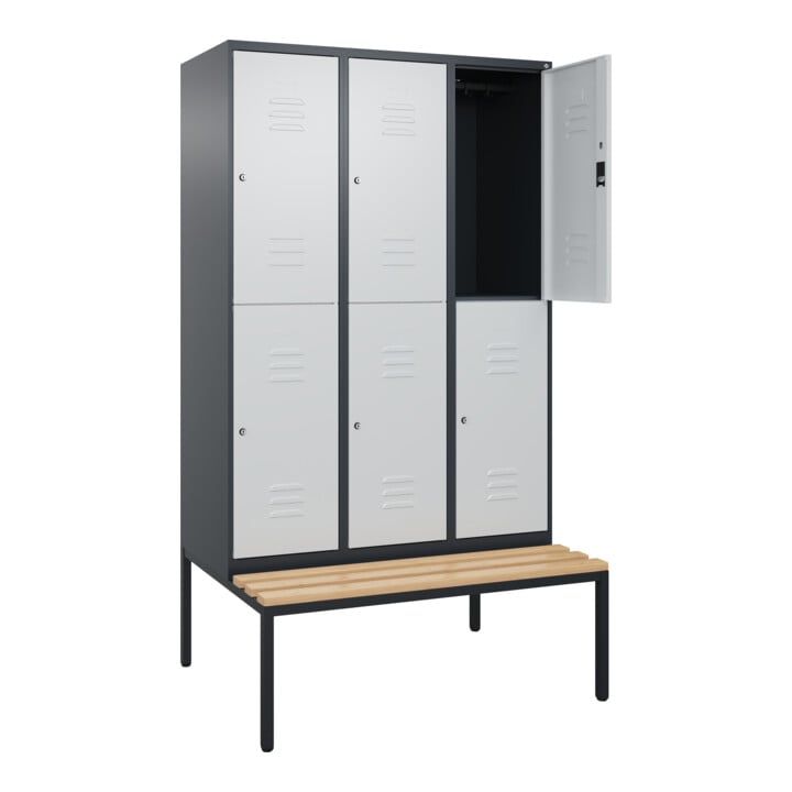 C+P Doppelstock-Spind Classic PLUS, Bank, 3 Abteile, 2120x1200x815mm, 7016/7035 Verschluss Zylinderschloss Sitzbanktyp untergebaut Material Sitzfläche Buche-Hartholz
