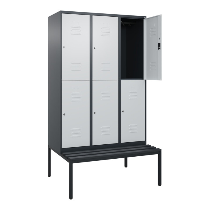 C+P Doppelstock-Spind Classic PLUS, Bank, 3 Abteile, 2120x1200x815mm, 7016/7035 Verschluss Zylinderschloss Sitzbanktyp untergebaut Material Sitzfläche Kunststoff