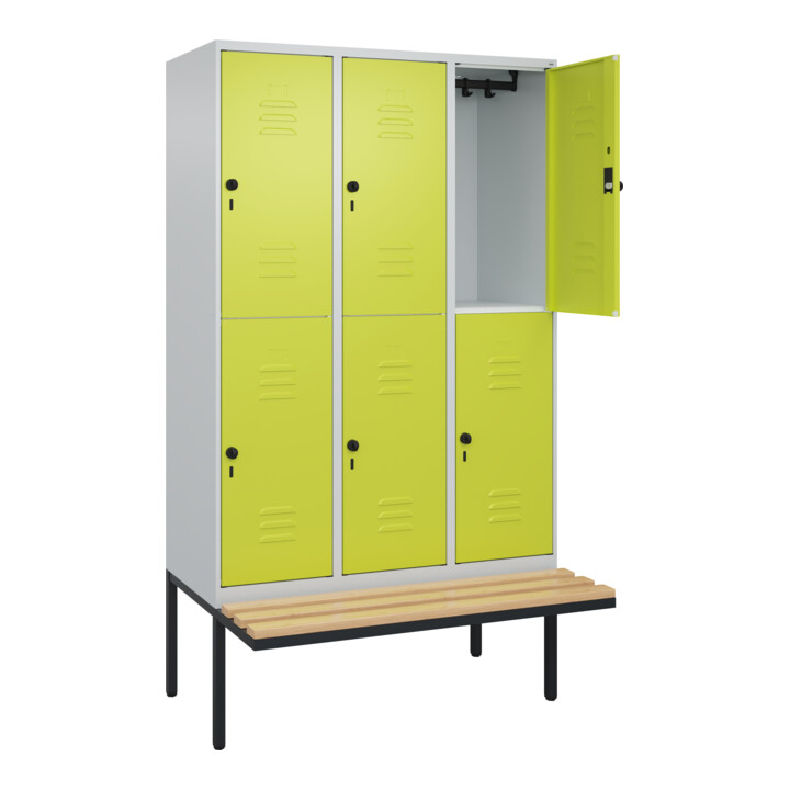 C+P Doppelstock-Spind Classic PLUS, Bank, 3 Abteile, 2120x1200x815mm, 7035/0024 Verschluss Sicherheits-Drehriegel Sitzbanktyp auskragend Material Sitzfläche Buche-Hartholz