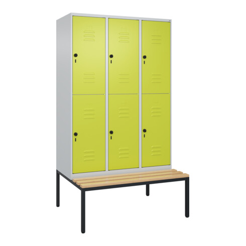 C+P Doppelstock-Spind Classic PLUS, Bank, 3 Abteile, 2120x1200x815mm, 7035/0024 Verschluss Sicherheits-Drehriegel Sitzbanktyp untergebaut Material Sitzfläche Buche-Hartholz