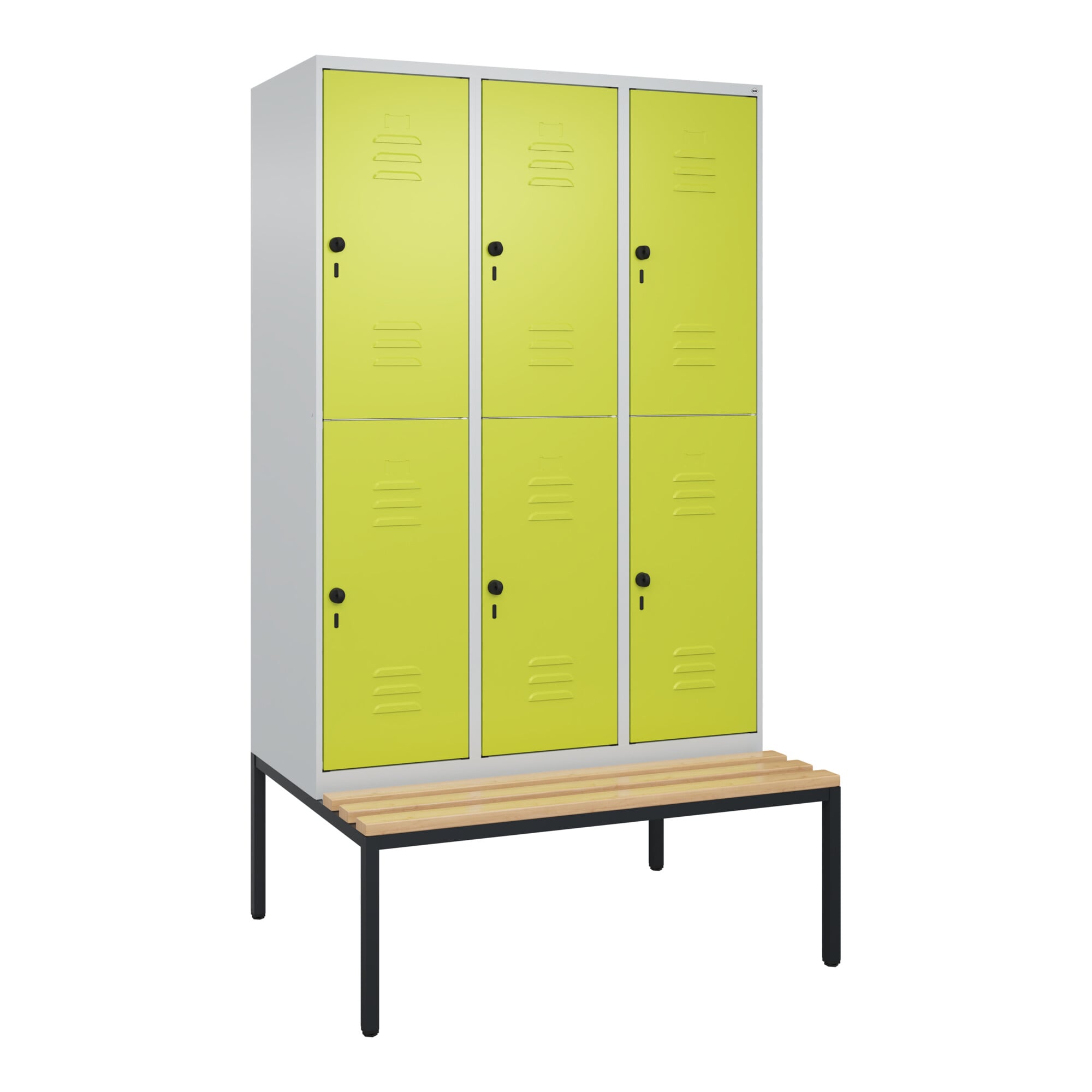 C+P Doppelstock-Spind Classic PLUS, Bank, 3 Abteile, 2120x1200x815mm, 7035/0024 Verschluss Sicherheits-Drehriegel Sitzbanktyp untergebaut Material Sit