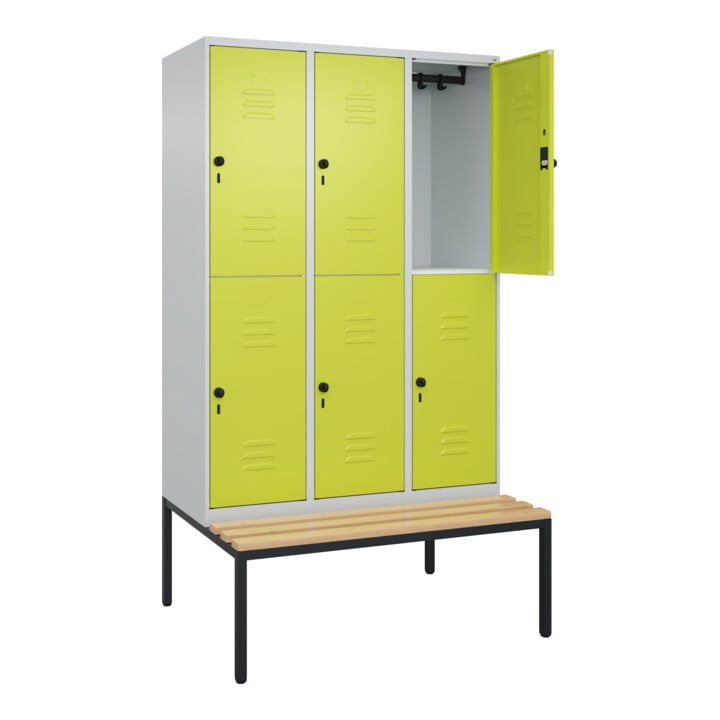 C+P Doppelstock-Spind Classic PLUS, Bank, 3 Abteile, 2120x1200x815mm, 7035/0024 Verschluss Sicherheits-Drehriegel Sitzbanktyp untergebaut Material Sitzfläche Buche-Hartholz
