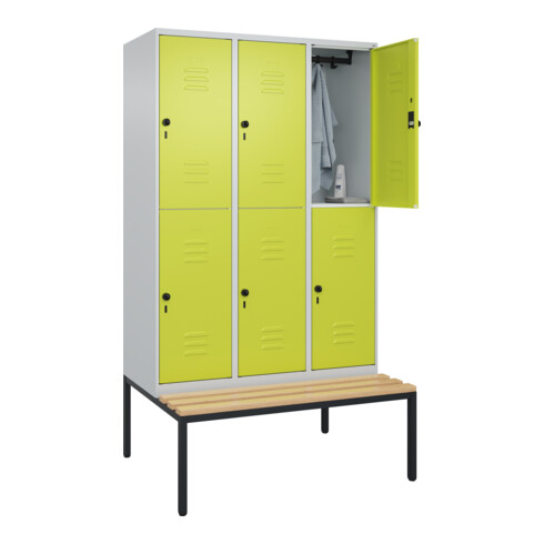 C+P Doppelstock-Spind Classic PLUS, Bank, 3 Abteile, 2120x1200x815mm, 7035/0024 Verschluss Sicherheits-Drehriegel Sitzbanktyp untergebaut Material Sitzfläche Buche-Hartholz