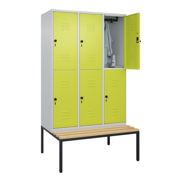 C+P Doppelstock-Spind Classic PLUS, Bank, 3 Abteile, 2120x1200x815mm, 7035/0024 Verschluss Sicherheits-Drehriegel Sitzbanktyp untergebaut Material Sitzfläche Buche-Hartholz