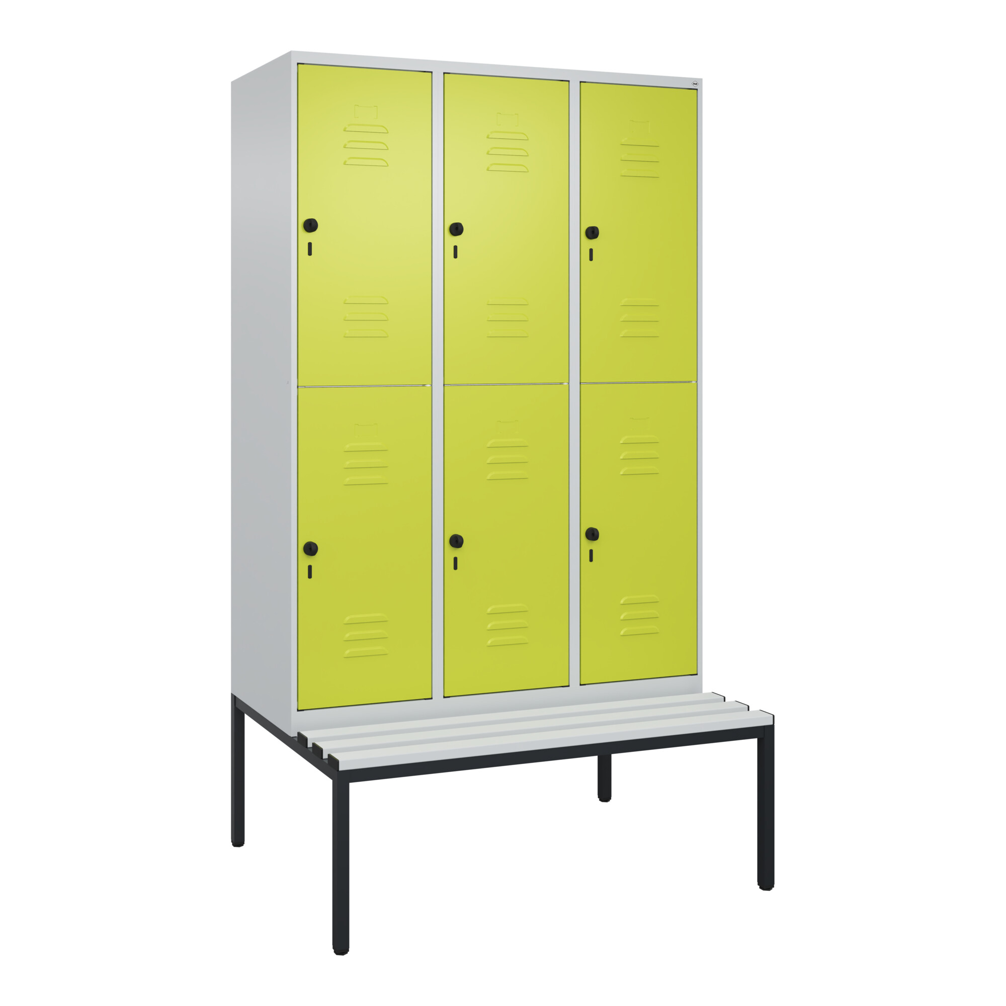 C+P Doppelstock-Spind Classic PLUS, Bank, 3 Abteile, 2120x1200x815mm, 7035/0024 Verschluss Sicherheits-Drehriegel Sitzbanktyp untergebaut Material Sit