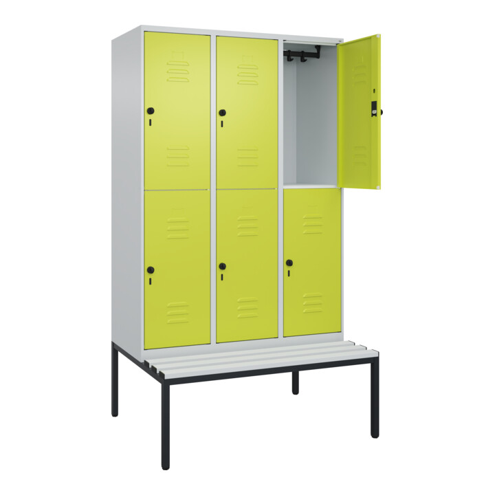C+P Doppelstock-Spind Classic PLUS, Bank, 3 Abteile, 2120x1200x815mm, 7035/0024 Verschluss Sicherheits-Drehriegel Sitzbanktyp untergebaut Material Sitzfläche Kunststoff
