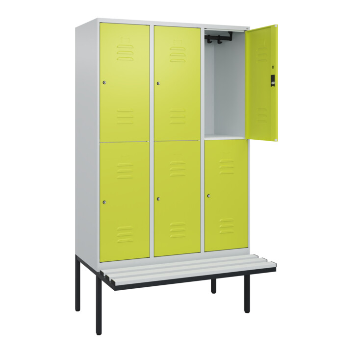 C+P Doppelstock-Spind Classic PLUS, Bank, 3 Abteile, 2120x1200x815mm, 7035/0024 Verschluss Zylinderschloss Sitzbanktyp auskragend Material Sitzfläche Kunststoff