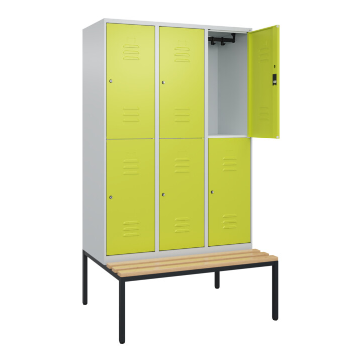 C+P Doppelstock-Spind Classic PLUS, Bank, 3 Abteile, 2120x1200x815mm, 7035/0024 Verschluss Zylinderschloss Sitzbanktyp untergebaut Material Sitzfläche Buche-Hartholz
