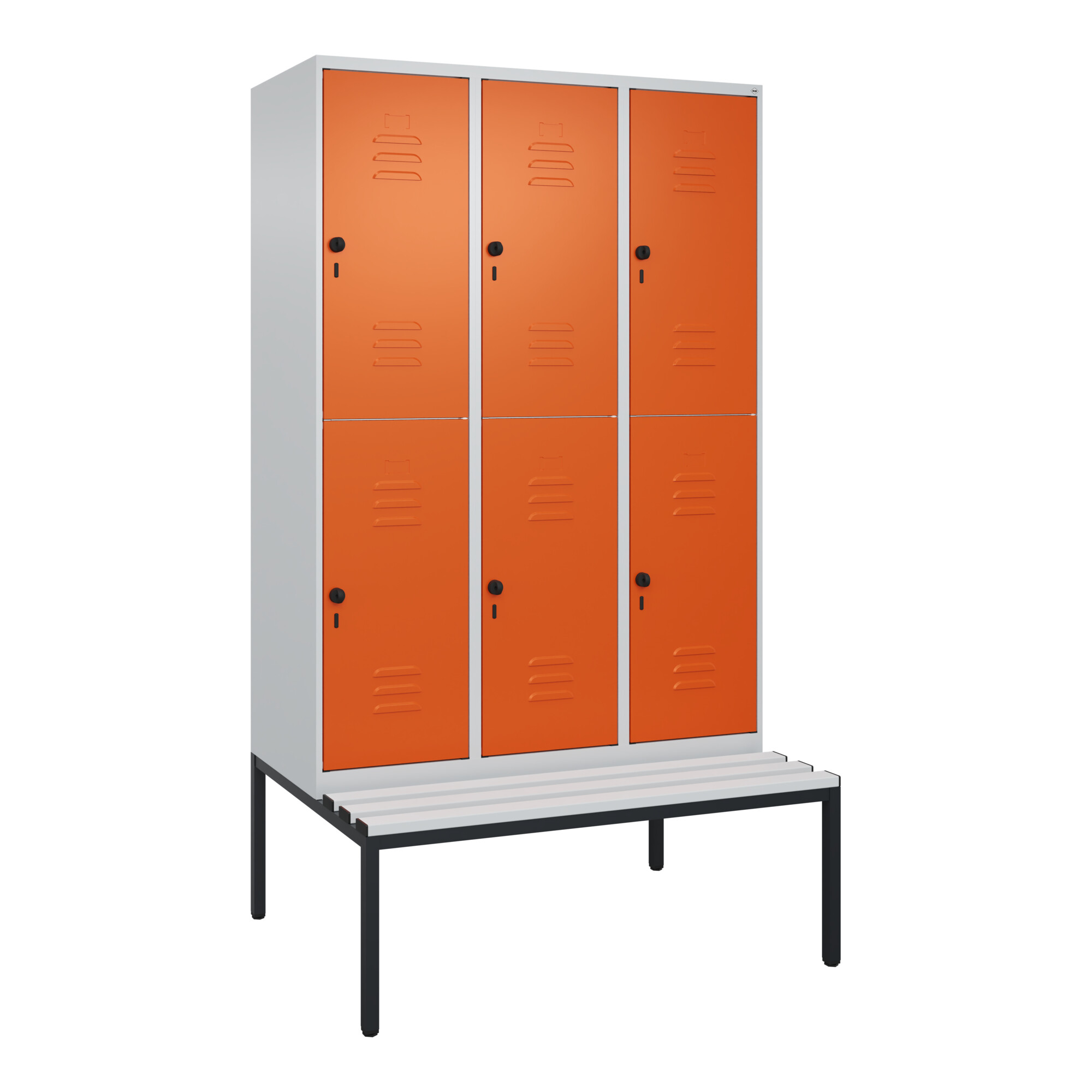 C+P Doppelstock-Spind Classic PLUS, Bank, 3 Abteile, 2120x1200x815mm, 7035/2004 Verschluss Sicherheits-Drehriegel Sitzbanktyp untergebaut Material Sit