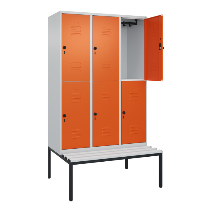 C+P Doppelstock-Spind Classic PLUS, Bank, 3 Abteile, 2120x1200x815mm, 7035/2004 Verschluss Sicherheits-Drehriegel Sitzbanktyp untergebaut Material Sitzfläche Kunststoff