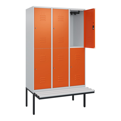 C+P Doppelstock-Spind Classic PLUS, Bank, 3 Abteile, 2120x1200x815mm, 7035/2004 Verschluss Zylinderschloss Sitzbanktyp auskragend Material Sitzfläche Kunststoff