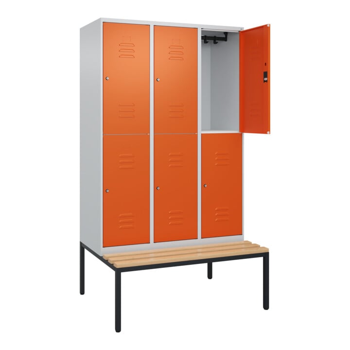 C+P Doppelstock-Spind Classic PLUS, Bank, 3 Abteile, 2120x1200x815mm, 7035/2004 Verschluss Zylinderschloss Sitzbanktyp untergebaut Material Sitzfläche Buche-Hartholz