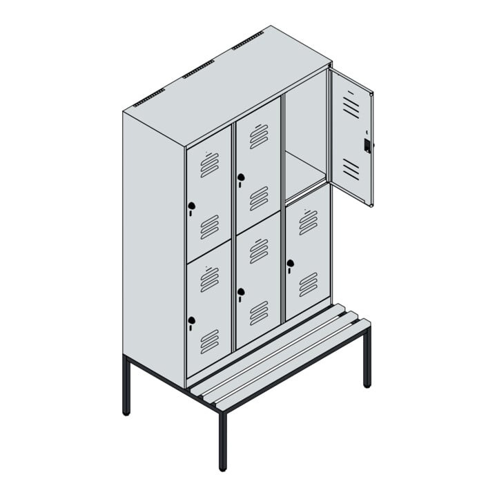 C+P Doppelstock-Spind Classic PLUS, Bank, 3 Abteile, 2120x1200x815mm, 7035/2004 Verschluss Zylinderschloss Sitzbanktyp untergebaut Material Sitzfläche Buche-Hartholz