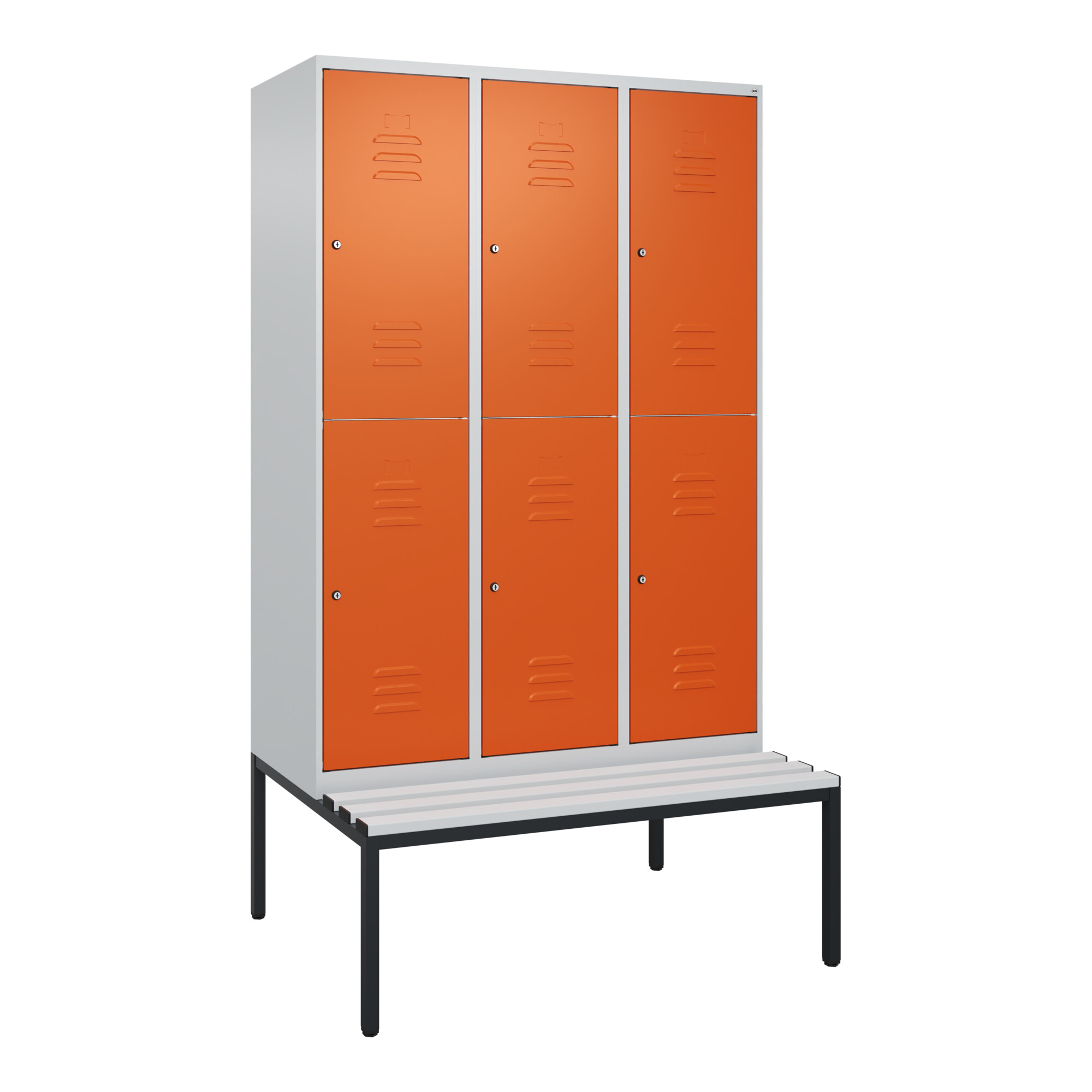 C+P Doppelstock-Spind Classic PLUS, Bank, 3 Abteile, 2120x1200x815mm, 7035/2004 Verschluss Zylinderschloss Sitzbanktyp untergebaut Material Sitzfläche