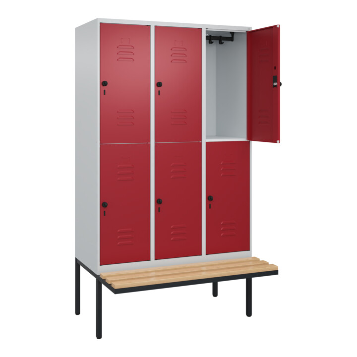C+P Doppelstock-Spind Classic PLUS, Bank, 3 Abteile, 2120x1200x815mm, 7035/3003 Verschluss Sicherheits-Drehriegel Sitzbanktyp auskragend Material Sitzfläche Buche-Hartholz