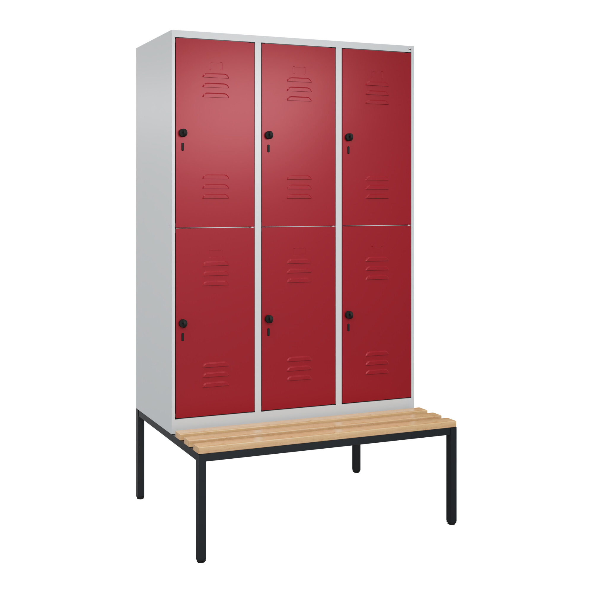 C+P Doppelstock-Spind Classic PLUS, Bank, 3 Abteile, 2120x1200x815mm, 7035/3003 Verschluss Sicherheits-Drehriegel Sitzbanktyp untergebaut Material Sit