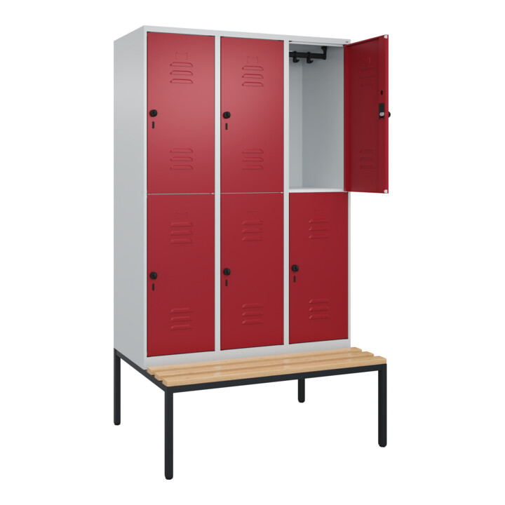 C+P Doppelstock-Spind Classic PLUS, Bank, 3 Abteile, 2120x1200x815mm, 7035/3003 Verschluss Sicherheits-Drehriegel Sitzbanktyp untergebaut Material Sitzfläche Buche-Hartholz