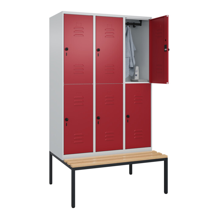 C+P Doppelstock-Spind Classic PLUS, Bank, 3 Abteile, 2120x1200x815mm, 7035/3003 Verschluss Sicherheits-Drehriegel Sitzbanktyp untergebaut Material Sitzfläche Buche-Hartholz