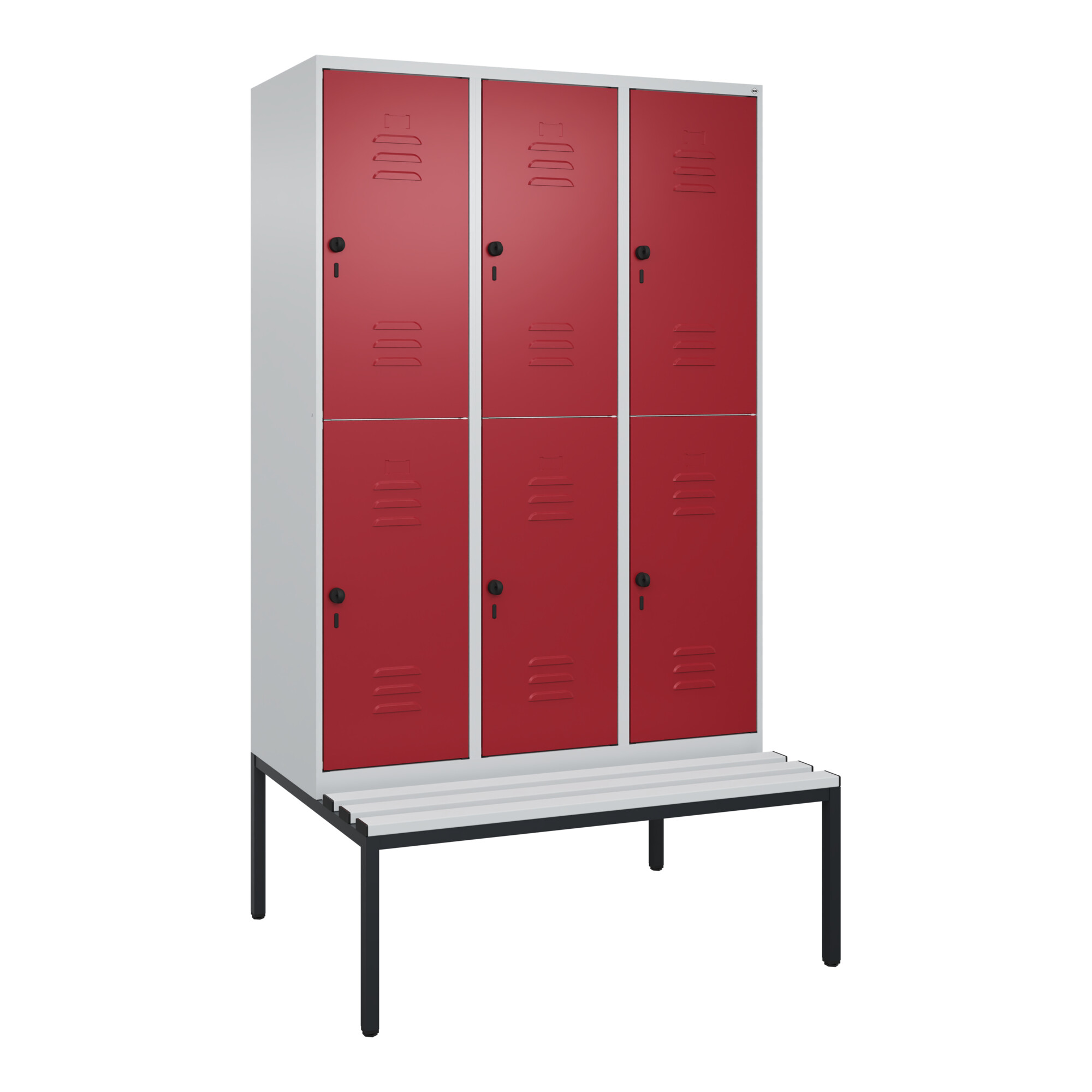 C+P Doppelstock-Spind Classic PLUS, Bank, 3 Abteile, 2120x1200x815mm, 7035/3003 Verschluss Sicherheits-Drehriegel Sitzbanktyp untergebaut Material Sit