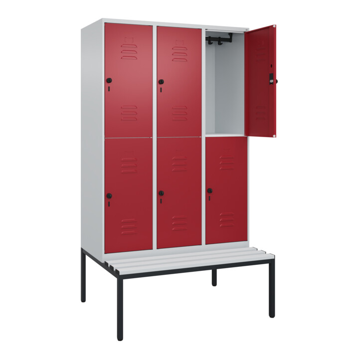 C+P Doppelstock-Spind Classic PLUS, Bank, 3 Abteile, 2120x1200x815mm, 7035/3003 Verschluss Sicherheits-Drehriegel Sitzbanktyp untergebaut Material Sitzfläche Kunststoff