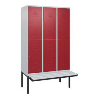 C+P Doppelstock-Spind Classic PLUS, Bank, 3 Abteile, 2120x1200x815mm, 7035/3003 Verschluss Zylinderschloss Sitzbanktyp auskragend Material Sitzfläche Kunststoff