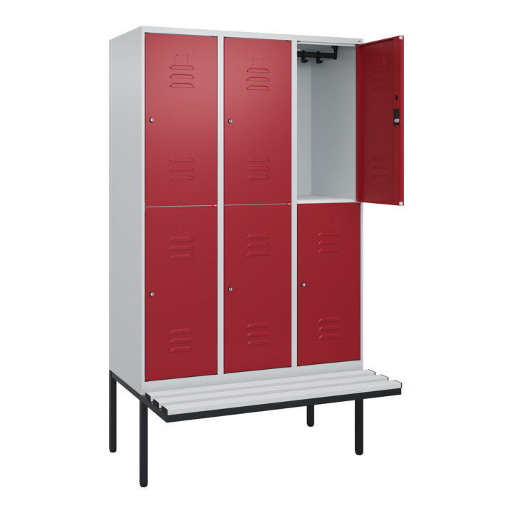 C+P Doppelstock-Spind Classic PLUS, Bank, 3 Abteile, 2120x1200x815mm, 7035/3003 Verschluss Zylinderschloss Sitzbanktyp auskragend Material Sitzfläche Kunststoff