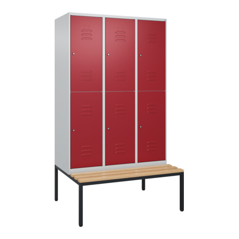 C+P Doppelstock-Spind Classic PLUS, Bank, 3 Abteile, 2120x1200x815mm, 7035/3003 Verschluss Zylinderschloss Sitzbanktyp untergebaut Material Sitzfläche Buche-Hartholz