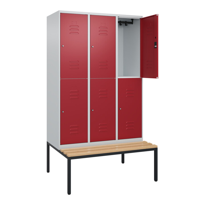 C+P Doppelstock-Spind Classic PLUS, Bank, 3 Abteile, 2120x1200x815mm, 7035/3003 Verschluss Zylinderschloss Sitzbanktyp untergebaut Material Sitzfläche Buche-Hartholz