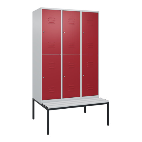 C+P Doppelstock-Spind Classic PLUS, Bank, 3 Abteile, 2120x1200x815mm, 7035/3003 Verschluss Zylinderschloss Sitzbanktyp untergebaut Material Sitzfläche Kunststoff