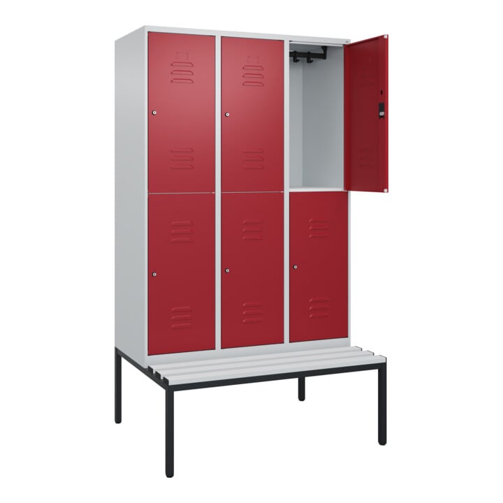 C+P Doppelstock-Spind Classic PLUS, Bank, 3 Abteile, 2120x1200x815mm, 7035/3003 Verschluss Zylinderschloss Sitzbanktyp untergebaut Material Sitzfläche Kunststoff