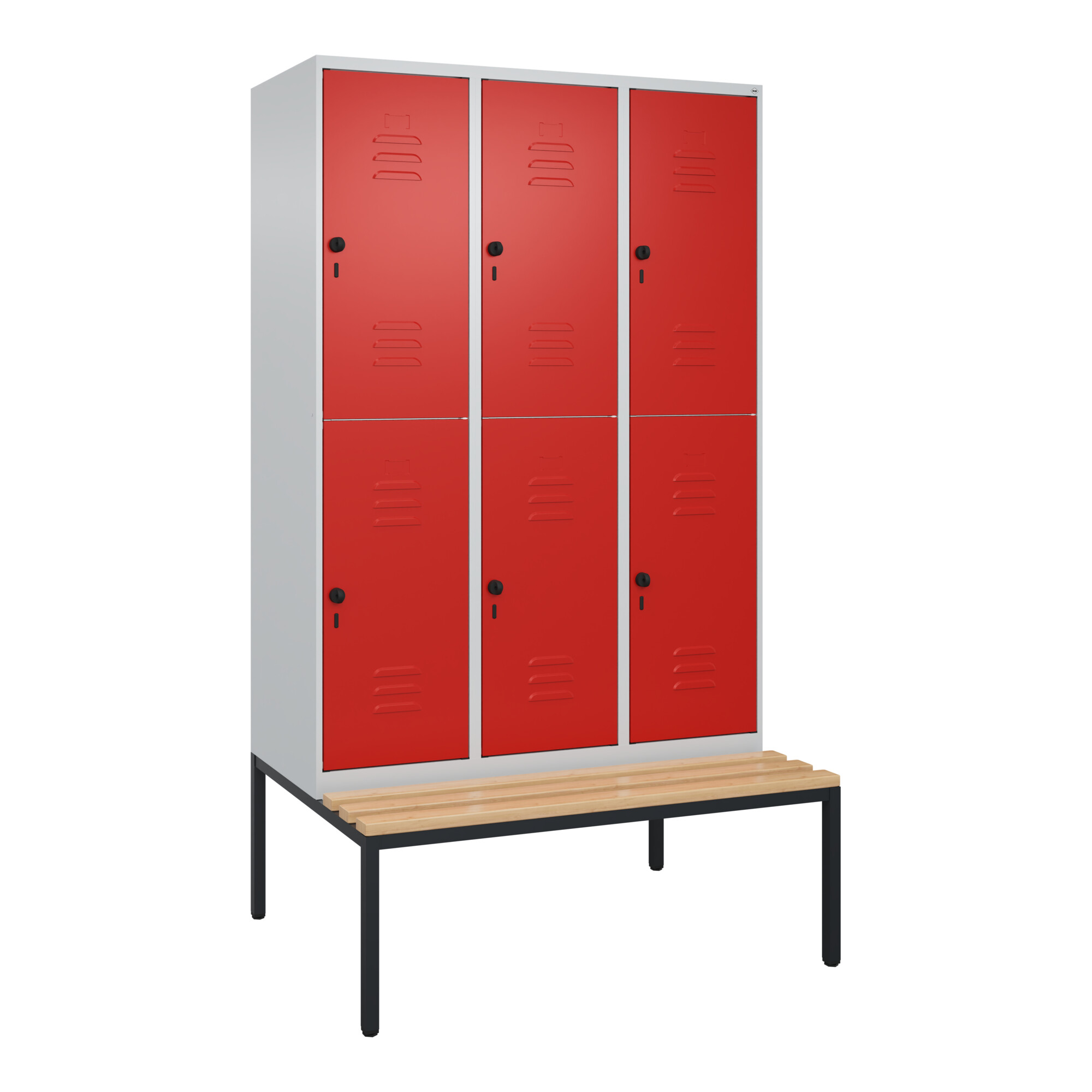 C+P Doppelstock-Spind Classic PLUS, Bank, 3 Abteile, 2120x1200x815mm, 7035/3020 Verschluss Sicherheits-Drehriegel Sitzbanktyp untergebaut Material Sit