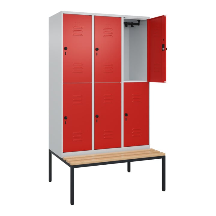 C+P Doppelstock-Spind Classic PLUS, Bank, 3 Abteile, 2120x1200x815mm, 7035/3020 Verschluss Sicherheits-Drehriegel Sitzbanktyp untergebaut Material Sitzfläche Buche-Hartholz