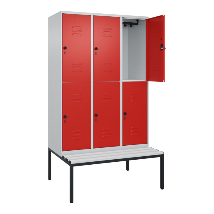 C+P Doppelstock-Spind Classic PLUS, Bank, 3 Abteile, 2120x1200x815mm, 7035/3020 Verschluss Sicherheits-Drehriegel Sitzbanktyp untergebaut Material Sitzfläche Kunststoff