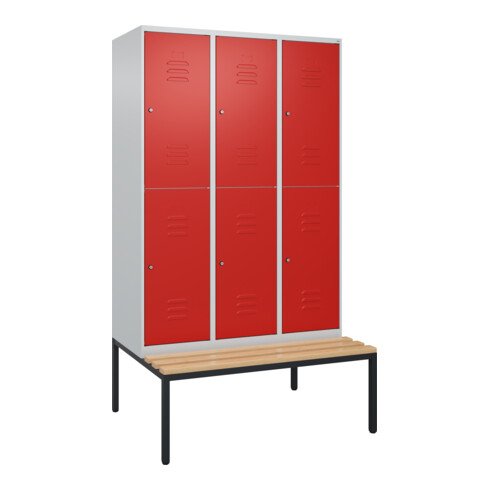 C+P Doppelstock-Spind Classic PLUS, Bank, 3 Abteile, 2120x1200x815mm, 7035/3020 Verschluss Zylinderschloss Sitzbanktyp untergebaut Material Sitzfläche Buche-Hartholz