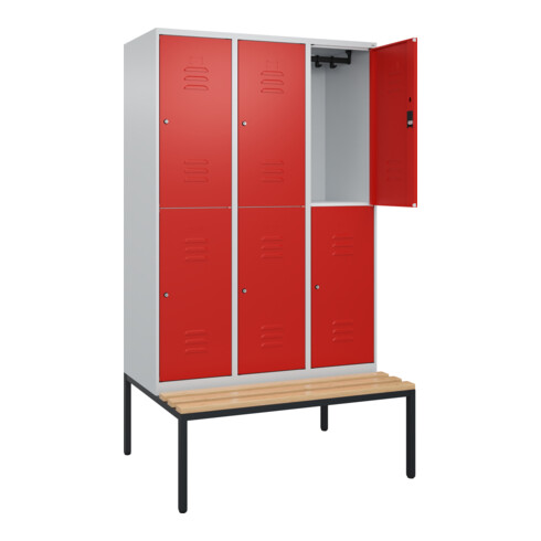 C+P Doppelstock-Spind Classic PLUS, Bank, 3 Abteile, 2120x1200x815mm, 7035/3020 Verschluss Zylinderschloss Sitzbanktyp untergebaut Material Sitzfläche Buche-Hartholz