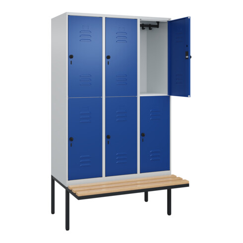 C+P Doppelstock-Spind Classic PLUS, Bank, 3 Abteile, 2120x1200x815mm, 7035/5010 Verschluss Sicherheits-Drehriegel Sitzbanktyp auskragend Material Sitzfläche Buche-Hartholz