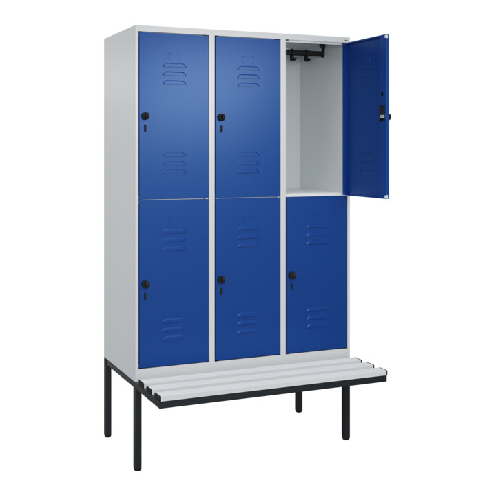 C+P Doppelstock-Spind Classic PLUS, Bank, 3 Abteile, 2120x1200x815mm, 7035/5010 Verschluss Sicherheits-Drehriegel Sitzbanktyp auskragend Material Sitzfläche Kunststoff