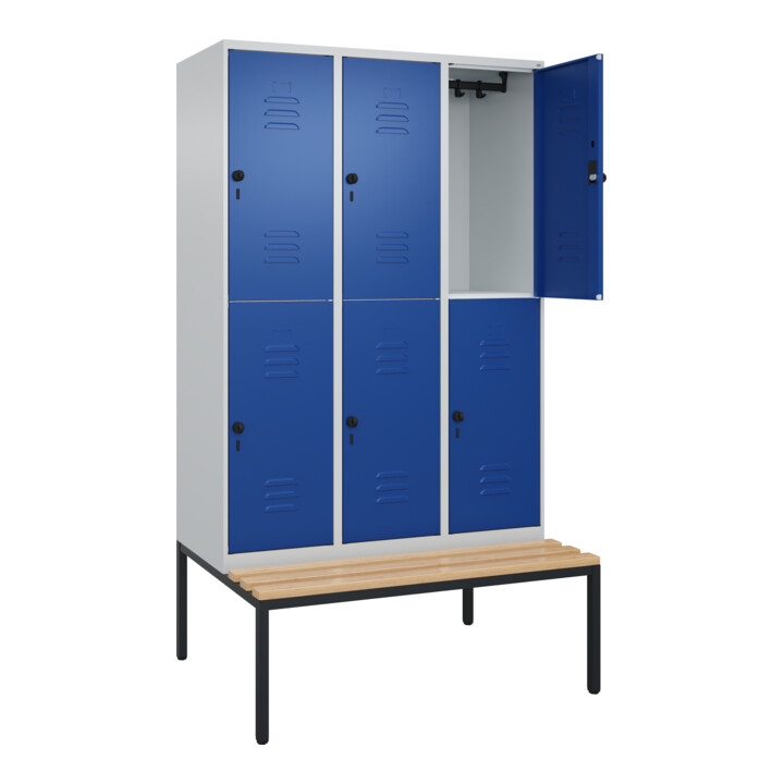 C+P Doppelstock-Spind Classic PLUS, Bank, 3 Abteile, 2120x1200x815mm, 7035/5010 Verschluss Sicherheits-Drehriegel Sitzbanktyp untergebaut Material Sitzfläche Buche-Hartholz