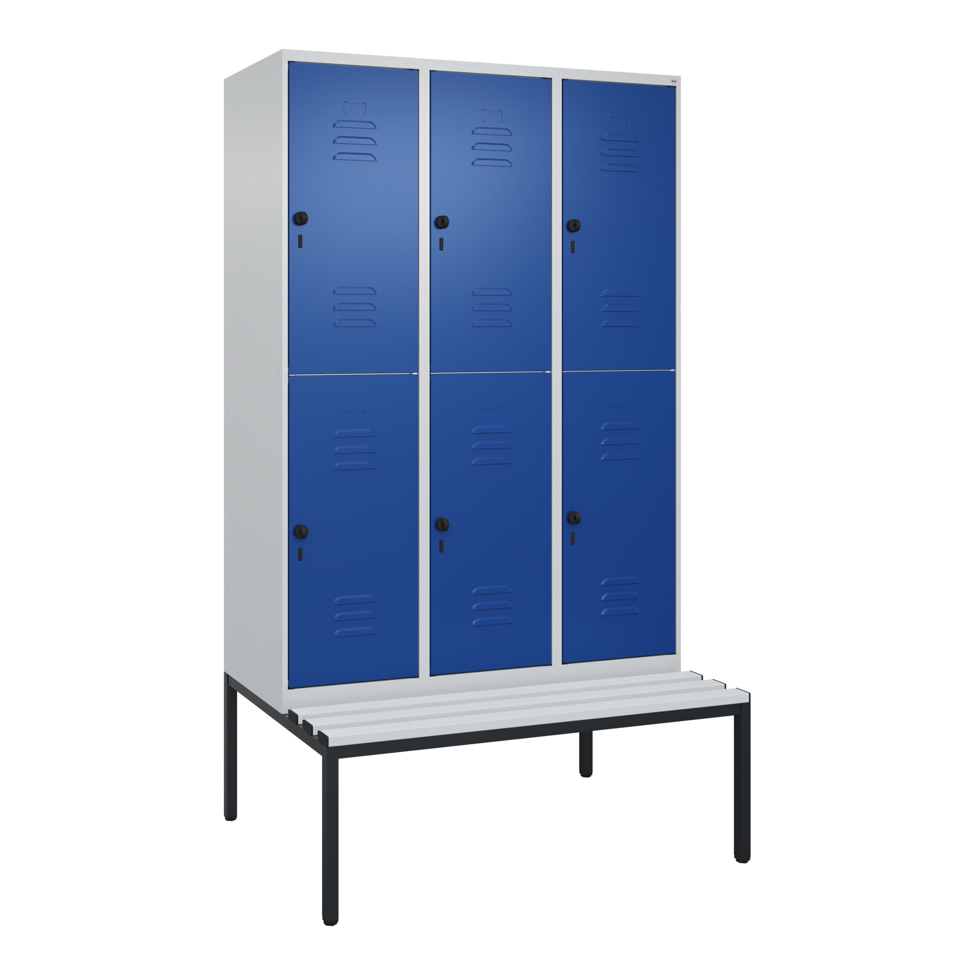 C+P Doppelstock-Spind Classic PLUS, Bank, 3 Abteile, 2120x1200x815mm, 7035/5010 Verschluss Sicherheits-Drehriegel Sitzbanktyp untergebaut Material Sit