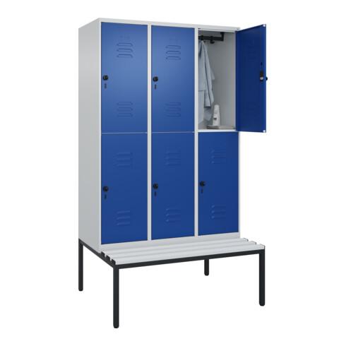 C+P Doppelstock-Spind Classic PLUS, Bank, 3 Abteile, 2120x1200x815mm, 7035/5010 Verschluss Sicherheits-Drehriegel Sitzbanktyp untergebaut Material Sitzfläche Kunststoff