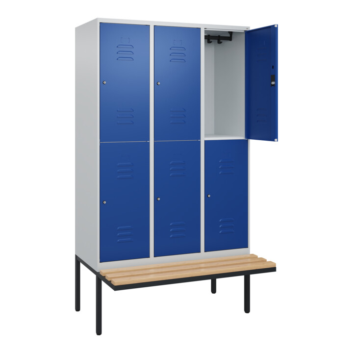 C+P Doppelstock-Spind Classic PLUS, Bank, 3 Abteile, 2120x1200x815mm, 7035/5010 Verschluss Zylinderschloss Sitzbanktyp auskragend Material Sitzfläche Buche-Hartholz