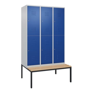 C+P Doppelstock-Spind Classic PLUS, Bank, 3 Abteile, 2120x1200x815mm, 7035/5010 Verschluss Zylinderschloss Sitzbanktyp untergebaut Material Sitzfläche Buche-Hartholz