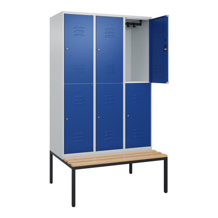 C+P Doppelstock-Spind Classic PLUS, Bank, 3 Abteile, 2120x1200x815mm, 7035/5010 Verschluss Zylinderschloss Sitzbanktyp untergebaut Material Sitzfläche Buche-Hartholz