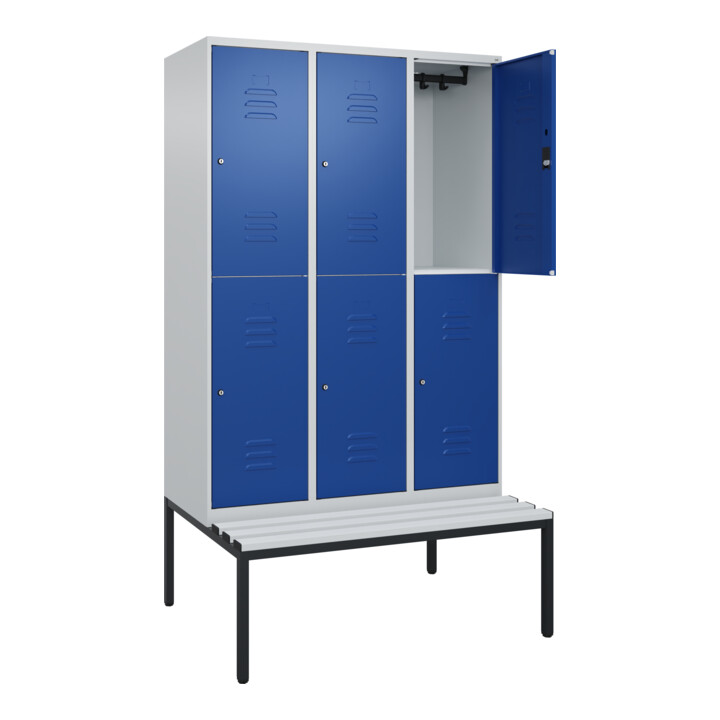 C+P Doppelstock-Spind Classic PLUS, Bank, 3 Abteile, 2120x1200x815mm, 7035/5010 Verschluss Zylinderschloss Sitzbanktyp untergebaut Material Sitzfläche Kunststoff