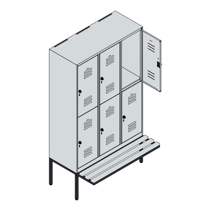 C+P Doppelstock-Spind Classic PLUS, Bank, 3 Abteile, 2120x1200x815mm, 7035/5012 Verschluss Sicherheits-Drehriegel Sitzbanktyp auskragend Material Sitzfläche Buche-Hartholz